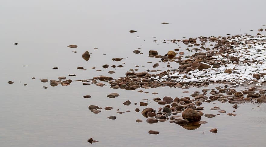 piedras, primera nevada, mar, otoño, agua, Finlandia, antecedentes, de cerca, línea costera, paisaje, nieve