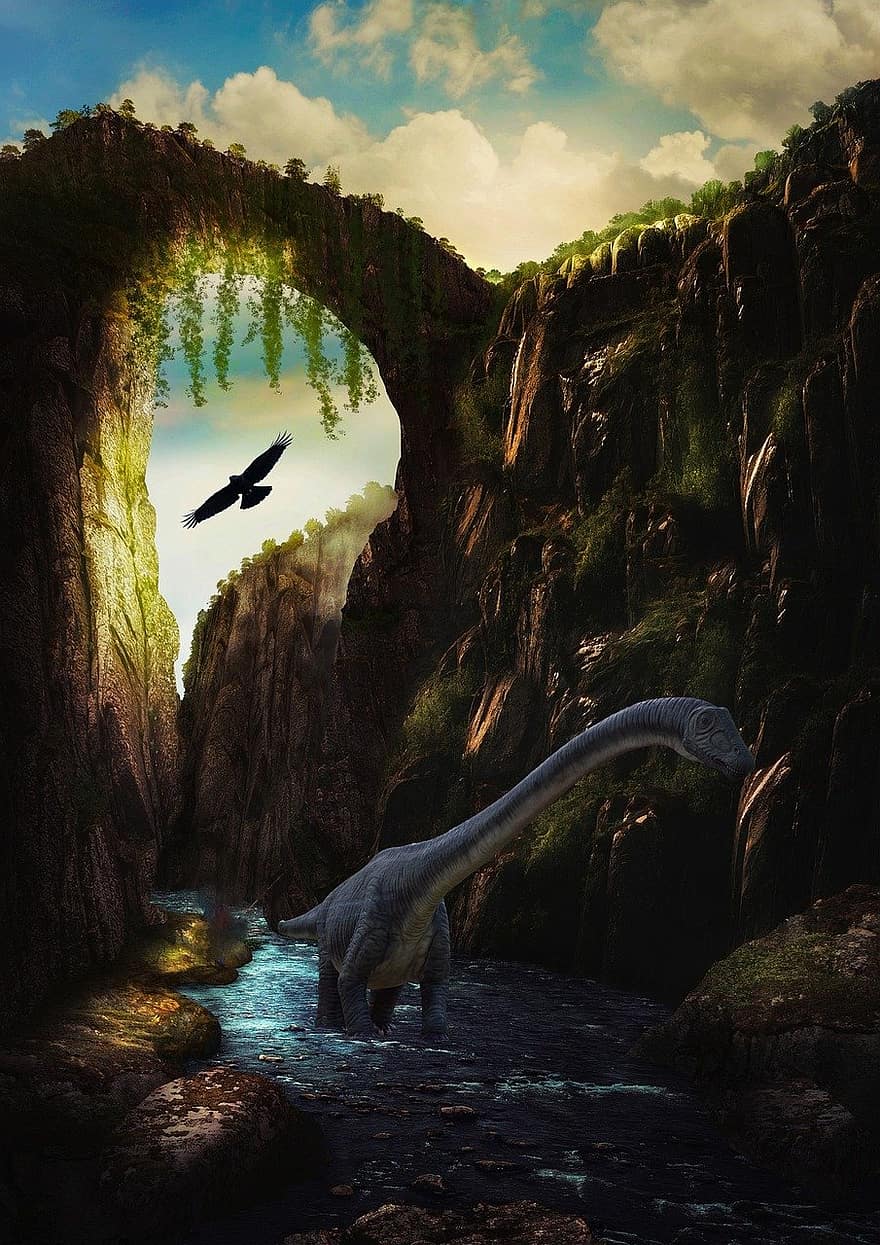 Mountains, River, Valley, Crow, Dinosaur, Fantasy, animals in the wild, forest, landscape, tree, rock