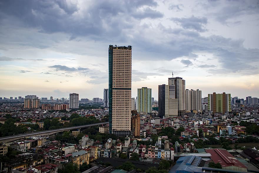 město, zatažený, Hanoi, Vietnam, městský, krajina, panoráma města, městské panorama, mrakodrap, architektura, exteriér budovy