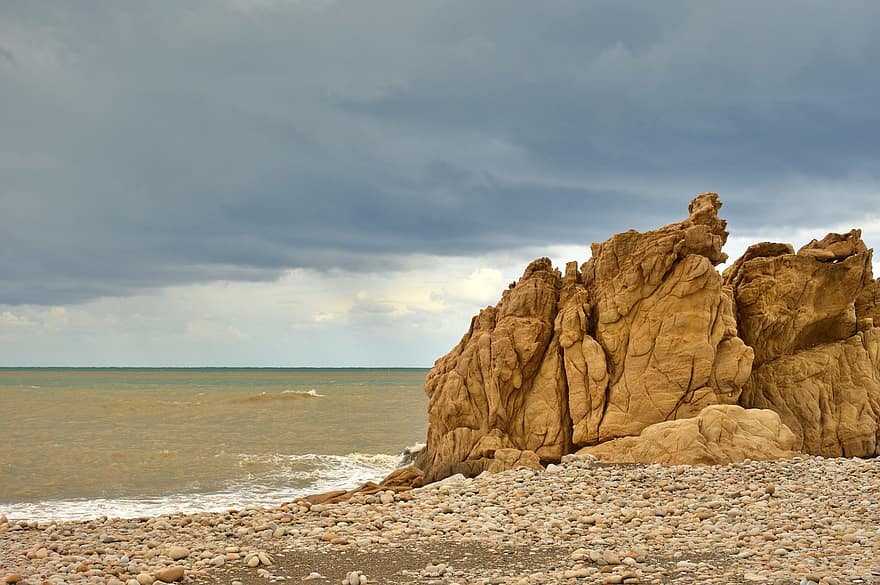 mar, playa, rocas, costa, apuntalar, piedras, olas, cielo, nubes, Oceano, agua
