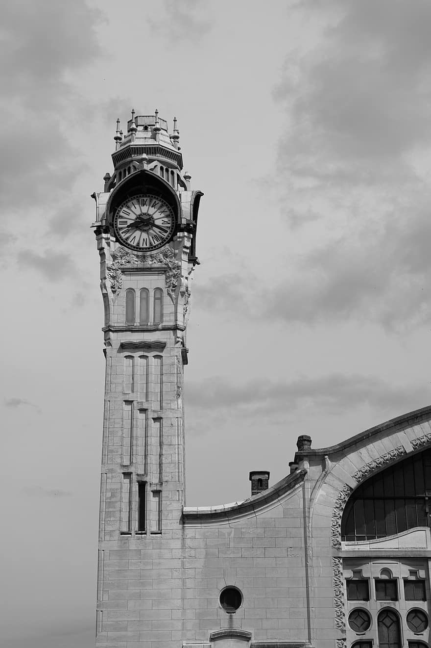 Train Station, Tower, France, Rouen, Black And White