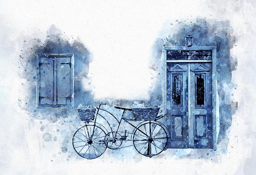 sne, vinter, kold, cykel, cykling, akvarel, hvid, is, landskab, lykkelig, januar