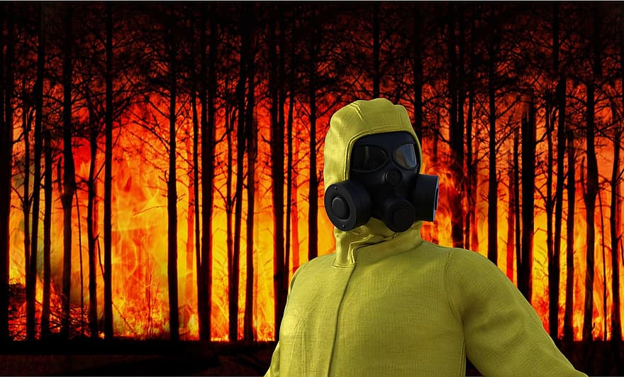 muž, plynová maska, les, stromy, oheň, plameny, teplo, klimatická změna