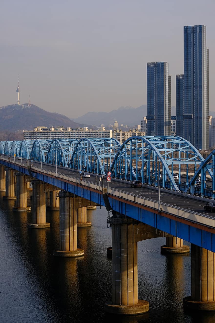 Намсанская башня, мост Dongjak, мост, Хан Ривер, строительство, небо, пейзаж, город, городской, Корея, городской пейзаж