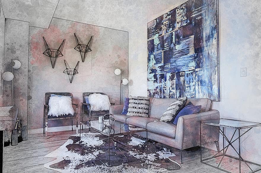 sala de estar, azul, pintura azul, pintura, arte abstrata, sofá cinza, cinzento, moderno, neutro, mesa de apoio, azul claro