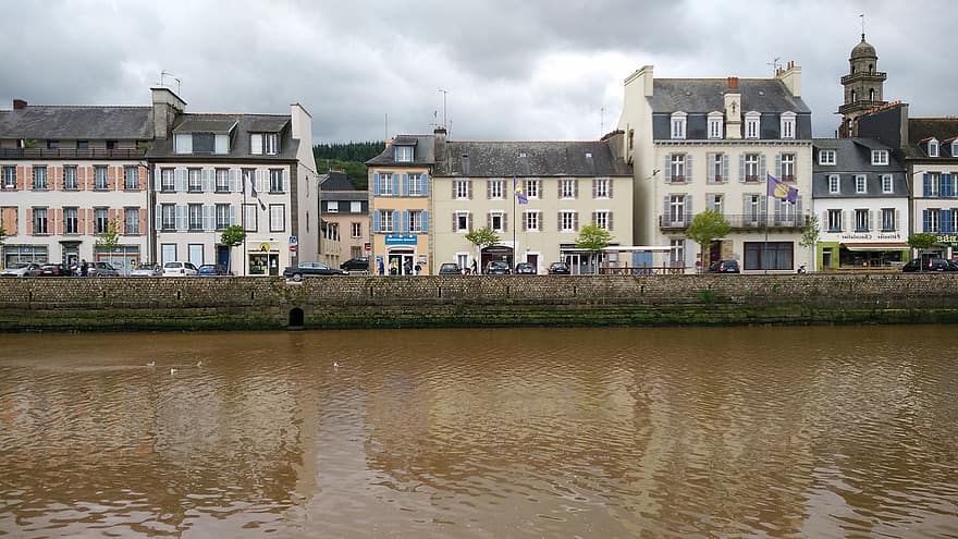 città, fiume, Francia, Brittany, edifici, architettura, strada, urbano, riflessione, acqua