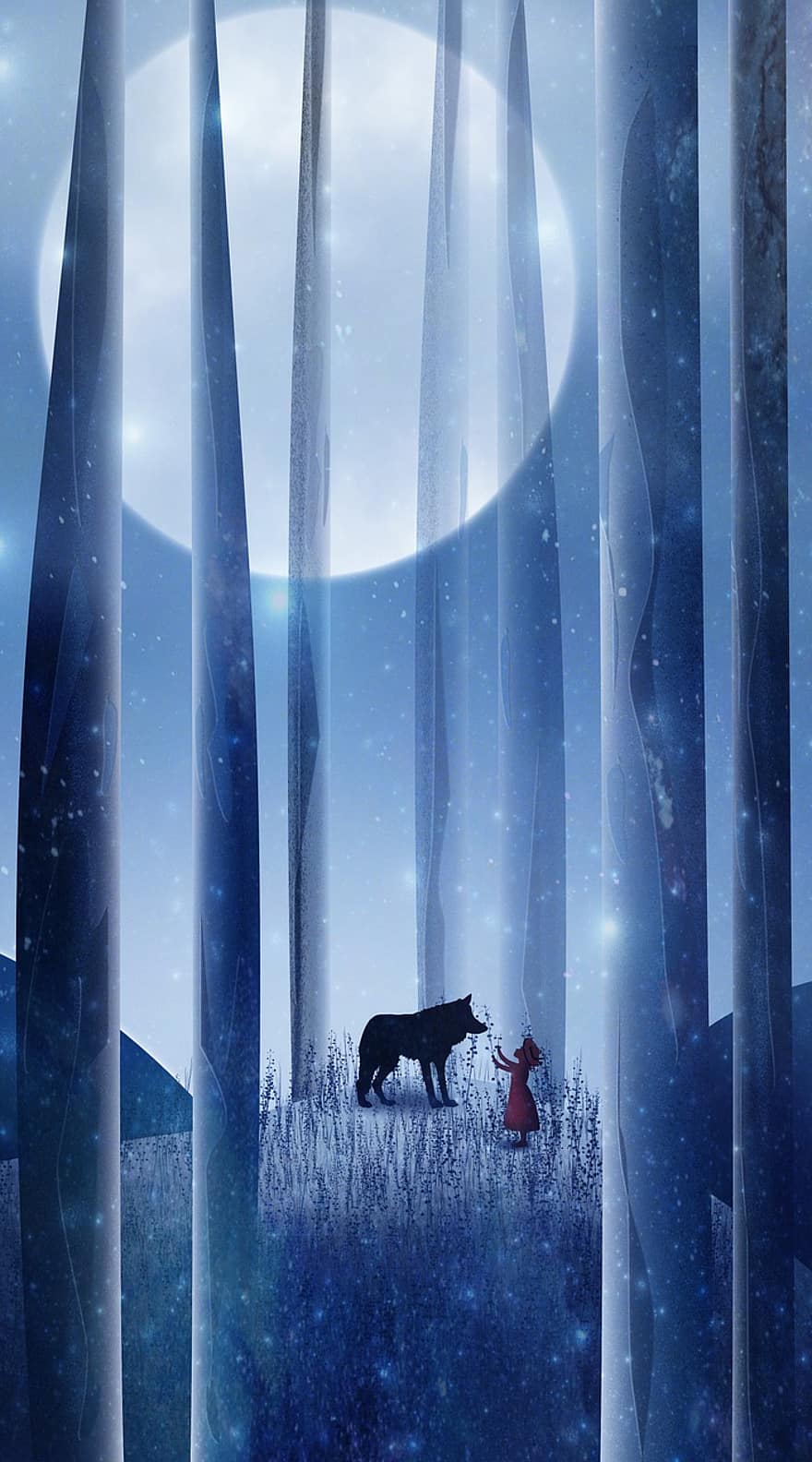 Lobo, lua, noite, floresta, natureza, lua cheia, luar, árvore, neve, inverno, ilustração