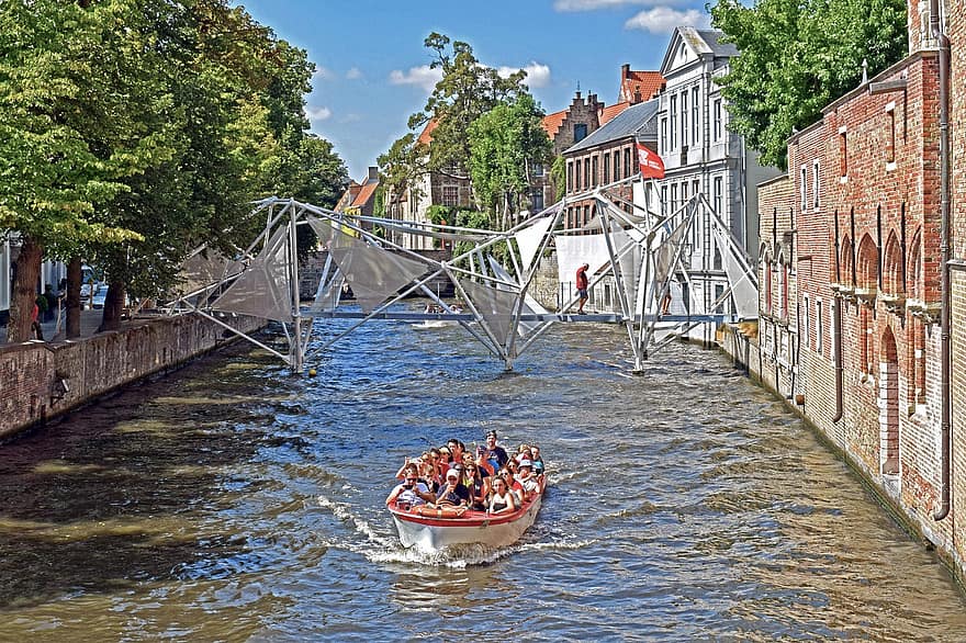 kanał, łódź, most, rzeka, chodnik, architektura, Brugge, Belgia, Budynki, Miasto, stare Miasto