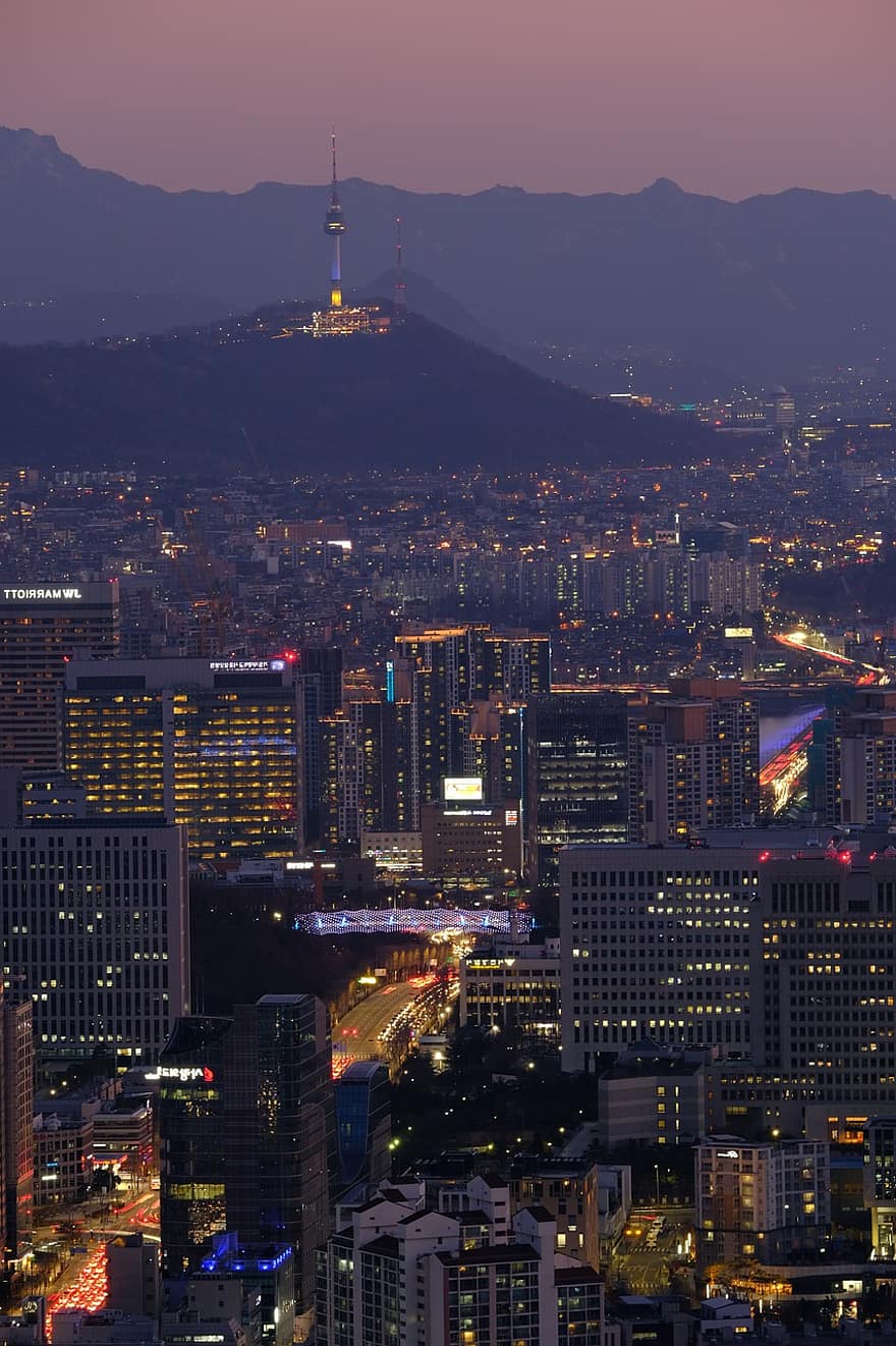 Miasto, zmierzch, Seul, zachód słońca, krajobraz, rzeka Han, yeouido, wieczór, noc, Korea Południowa, Republika Korei