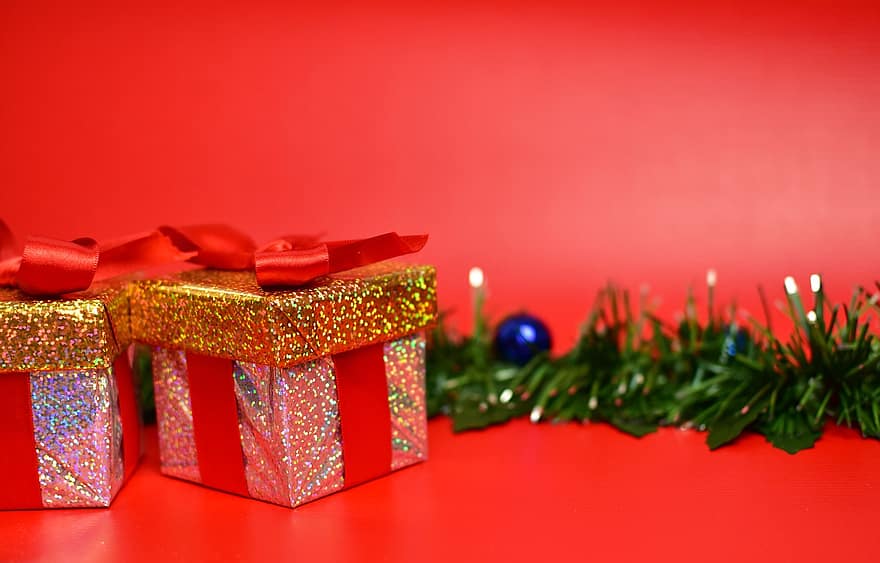 gaver, overraskelse, kasser, dekoration, sfærer, blomsterkrans, bånd, ferie, fest, jul