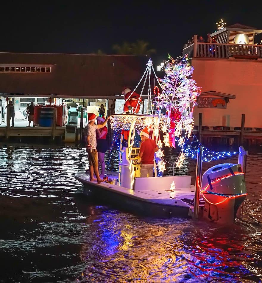 båt, flod, jul, vatten, underhållning, roligt, natt, firande, nautiska fartyget, semester, resmål