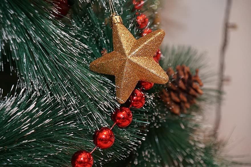 espina de pins, picea, hivern, estrella, or, globus, garland, Nadal, decoració