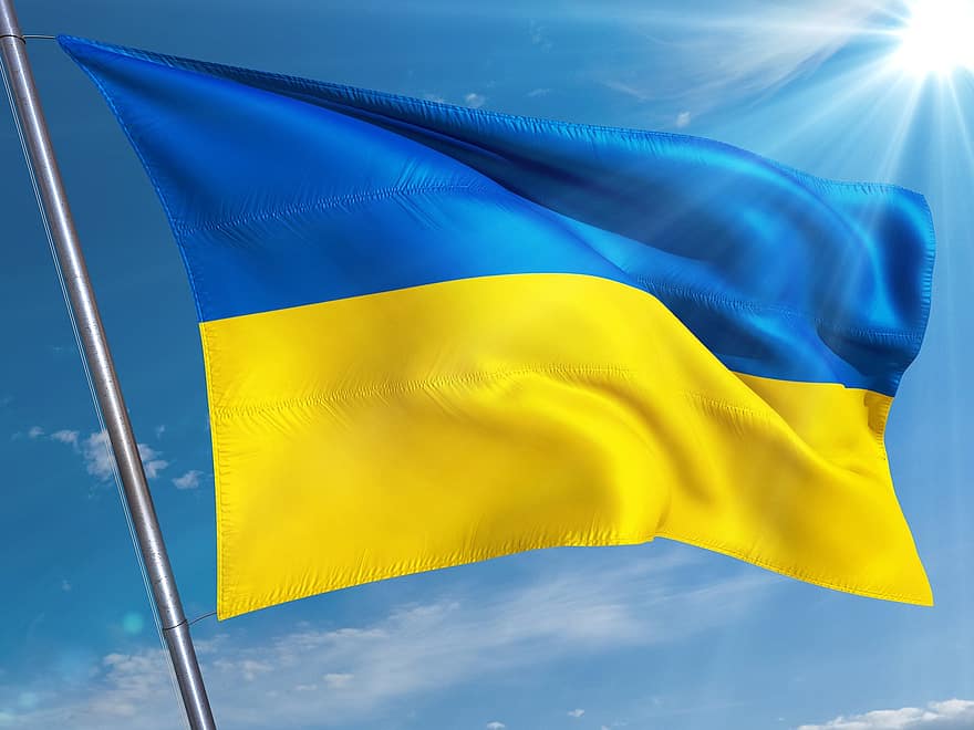 Ukraina, flaga, transparent, pokój, słońce, niebo, chmury, patriotyzm, niebieski, symbol, narodowy punkt orientacyjny