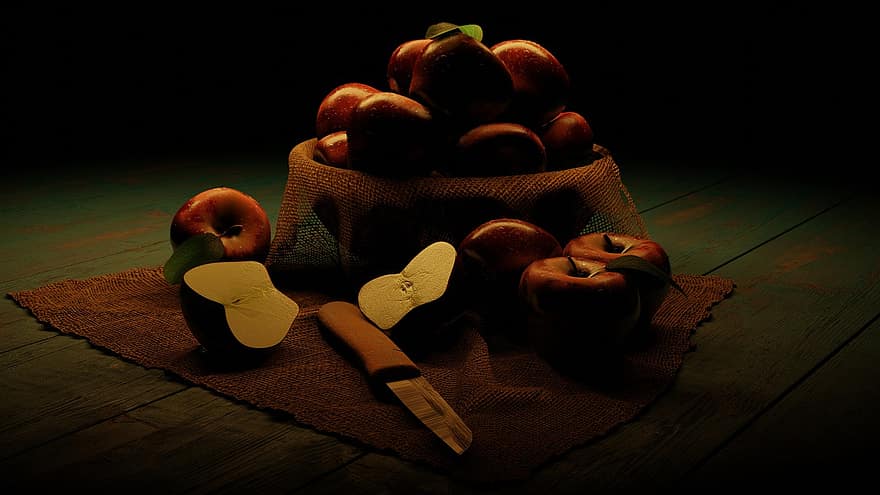 maçãs, frutas, ainda vida, maçãs vermelhas, fresco, maduro, Comida