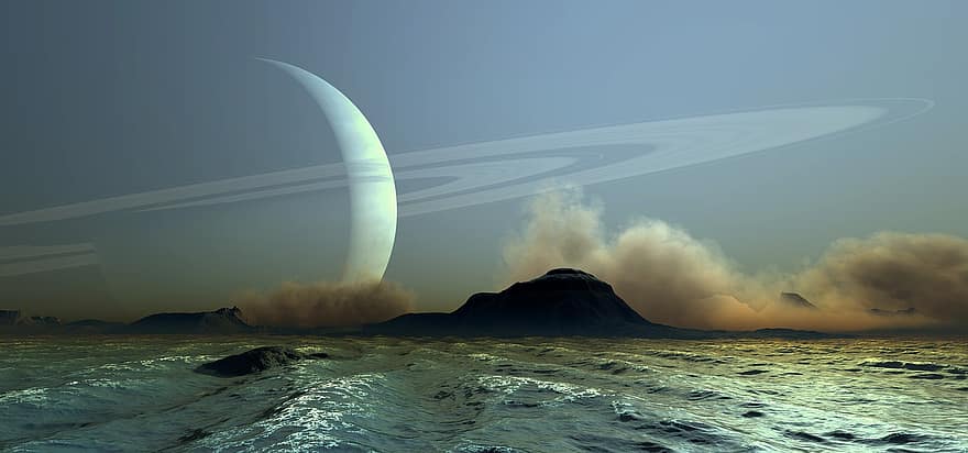 Planet, Sea, Water, Ring Planet, Space, Science Fiction, night, illustration, galaxy, landscape, astronomy