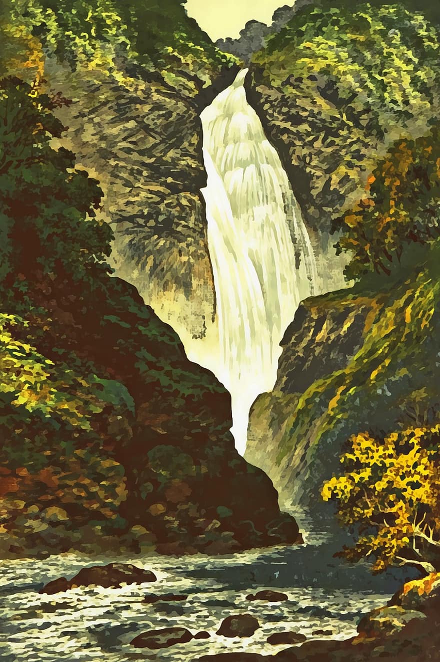 cascata, pintura, natureza, agua, rio, panorama, corrente, rochas, floresta, cenário, via fluvial