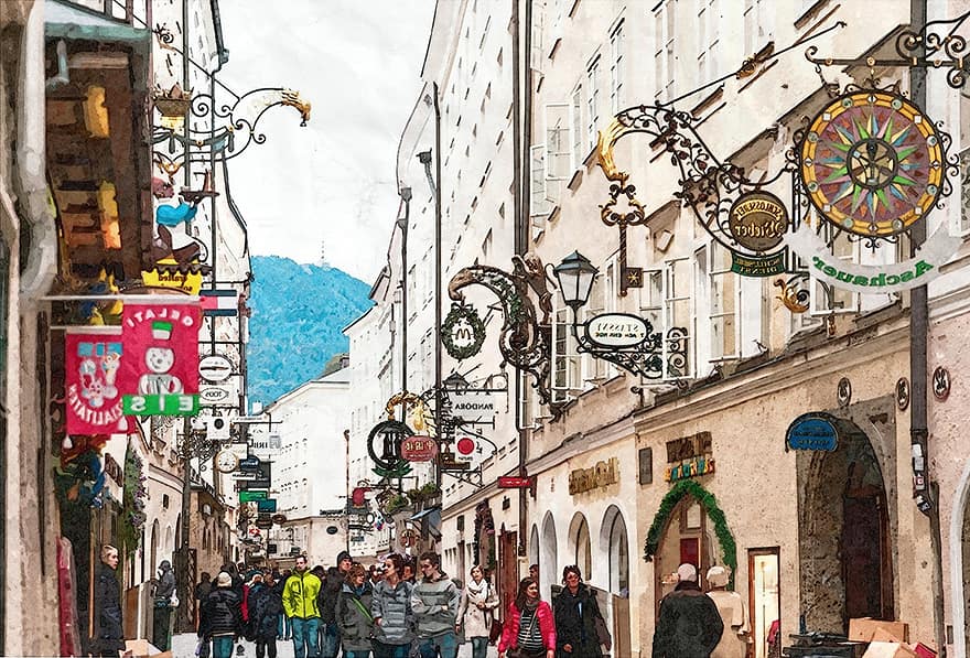 Salzburg, carrer, carreró, vintage, clàssic, disseny, retro, estil, viatjar, destinació, turisme