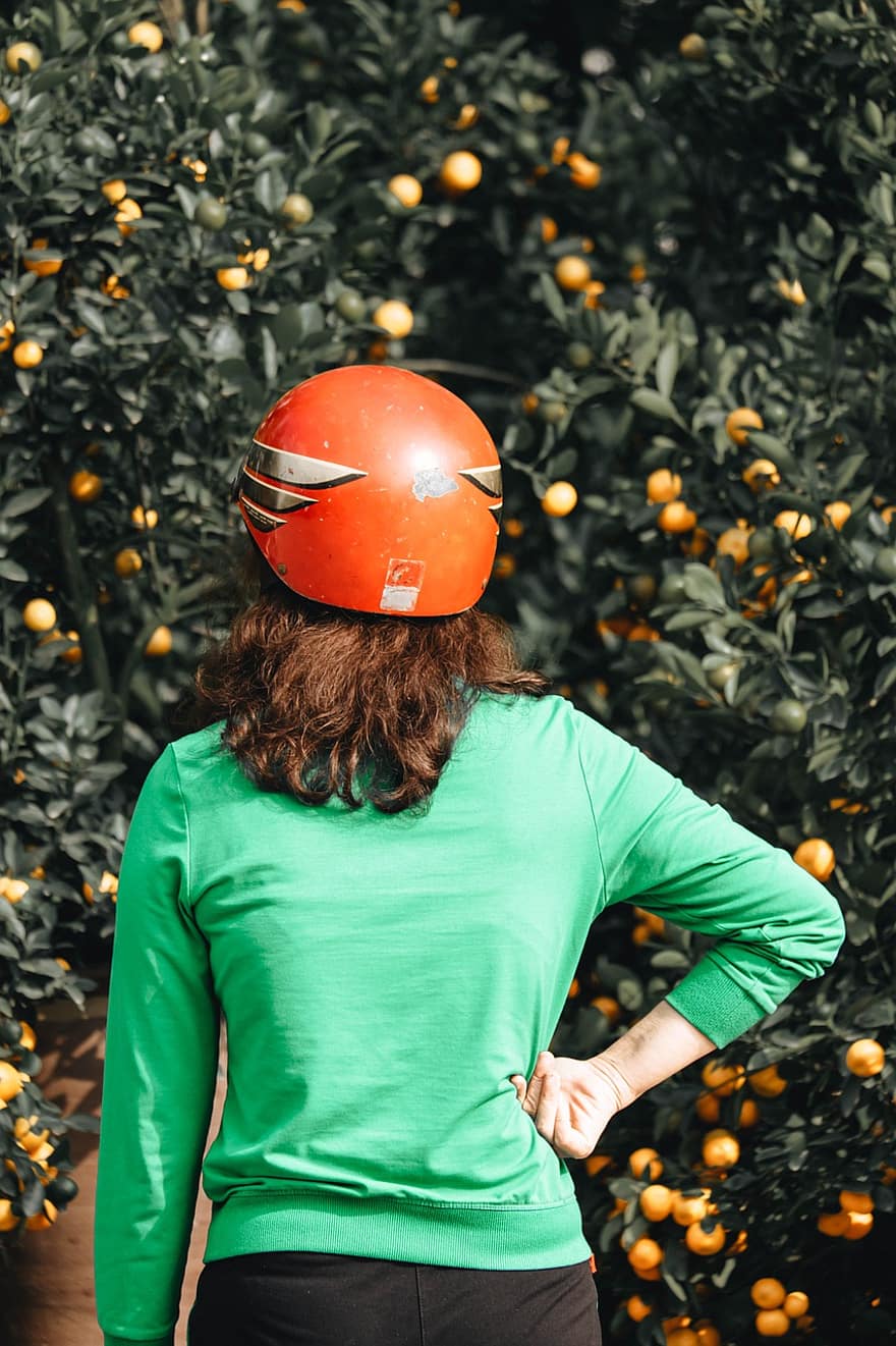γυναίκα, πίσω πλευρά, πορτοκαλί μανταρίνι, αναβάλλω, φυτά, δρόμος, φρούτα, θάμνος, ένα άτομο, ενήλικος, άθλημα