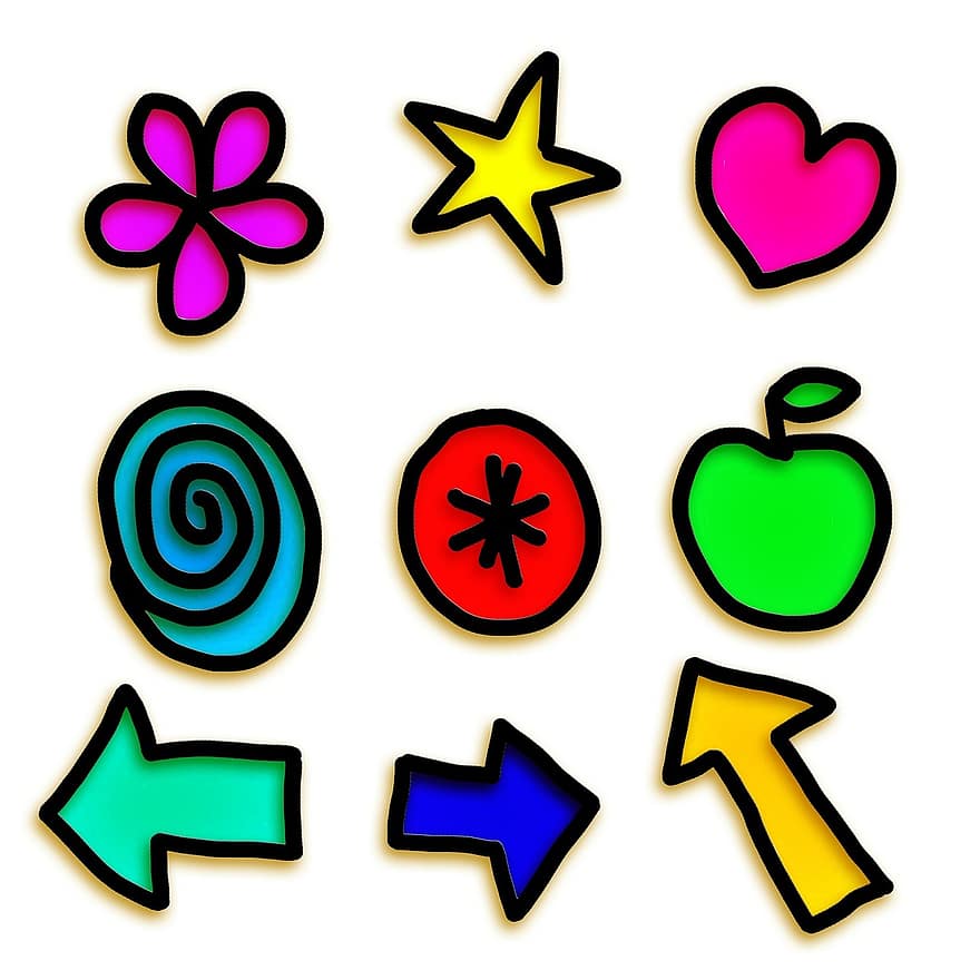 ícones, símbolos, formas, conjunto, coleção, gel, pictograma, coração, Estrela, maçã, flor