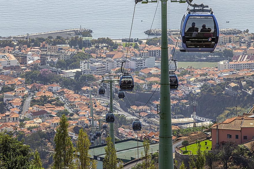 funchal, kereta gantung, Madeira, Portugal, pemandangan, alam, liburan, pulau, Cityscape, tempat terkenal, tampak atas