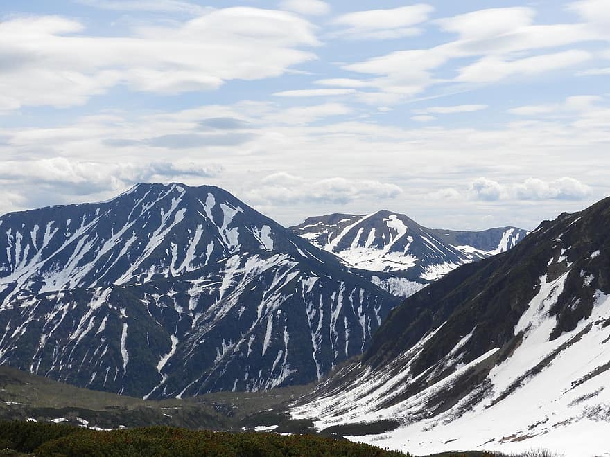 bjerge, skyer, forår, vinter, knuder, sne, natur, dale, Kamchatka