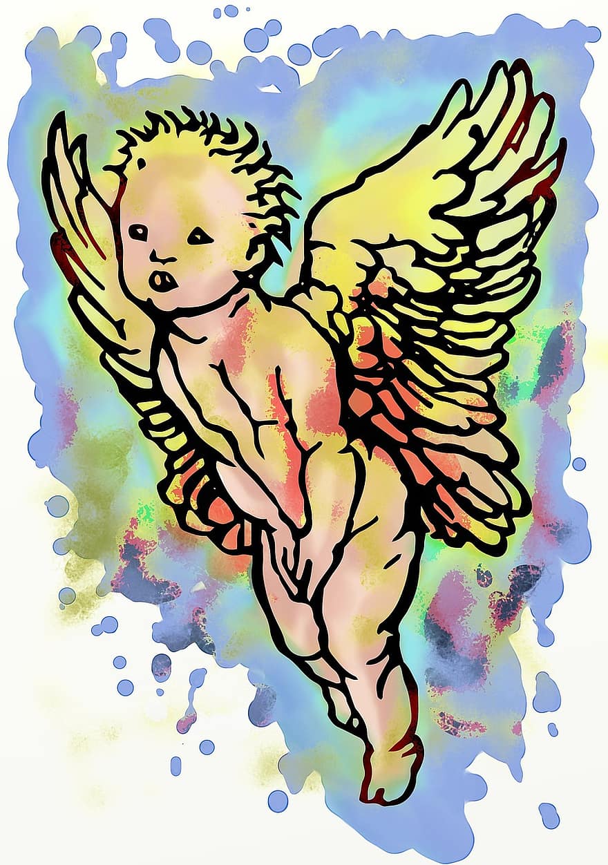 namalowany, artystyczny, cherub, zabytkowe, sztuka, skrzydełka, anielski, atrament, plama