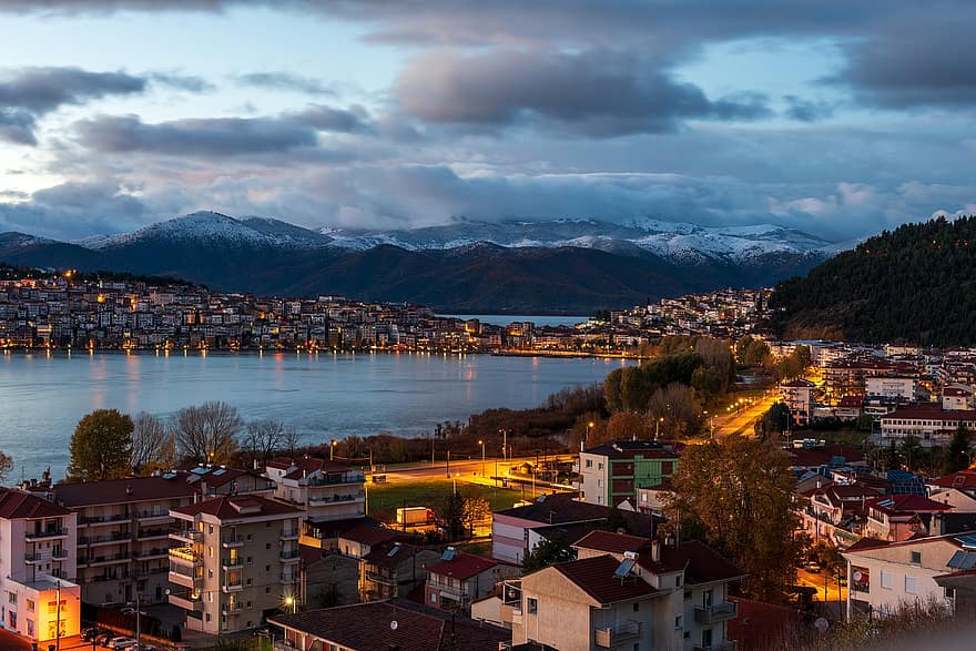 Kastoria, Grecia, Mañana, ciudad, amanecer