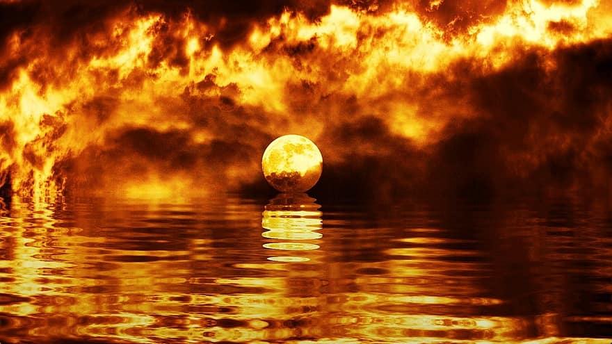 η δυση του ηλιου, αυγή, σούρουπο, λυκόφως, ωκεανός, φλόγες, καύση, θερμότητα, καλοκαίρι, ψηφιακά έργα τέχνης, αφηρημένη