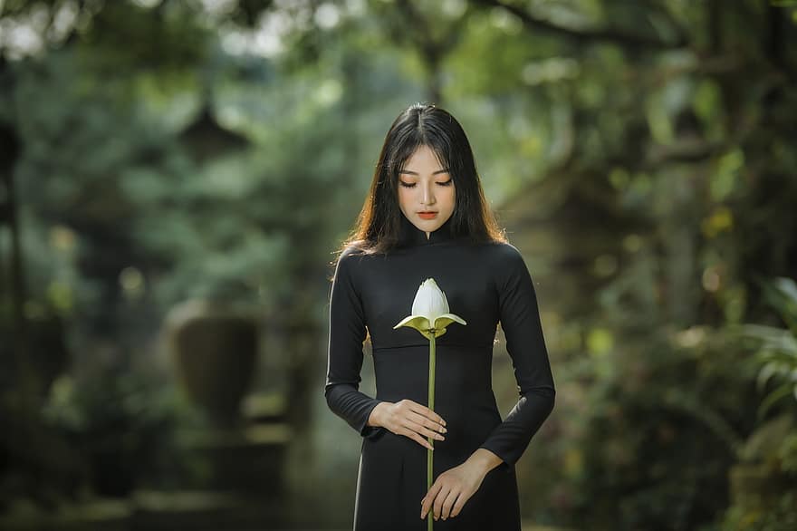 Kadın, moda, model, güzel, kız, kadın, güzellik, poz, ao dai, siyah elbise, Vietnam