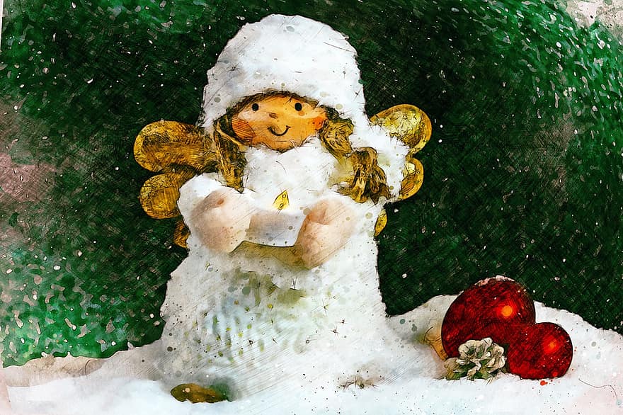 рождественский ангел, Новогодние шары, снег, Рождественская открытка, рождественский мотив, снегопад, украшение, плакат, фон, зима, Снеговик