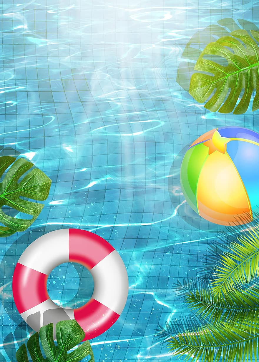 plavecký bazén, Bazénové plováky, letní, palmové listy, listy, tropický, bazén, voda, dovolená, ráj, letovisko