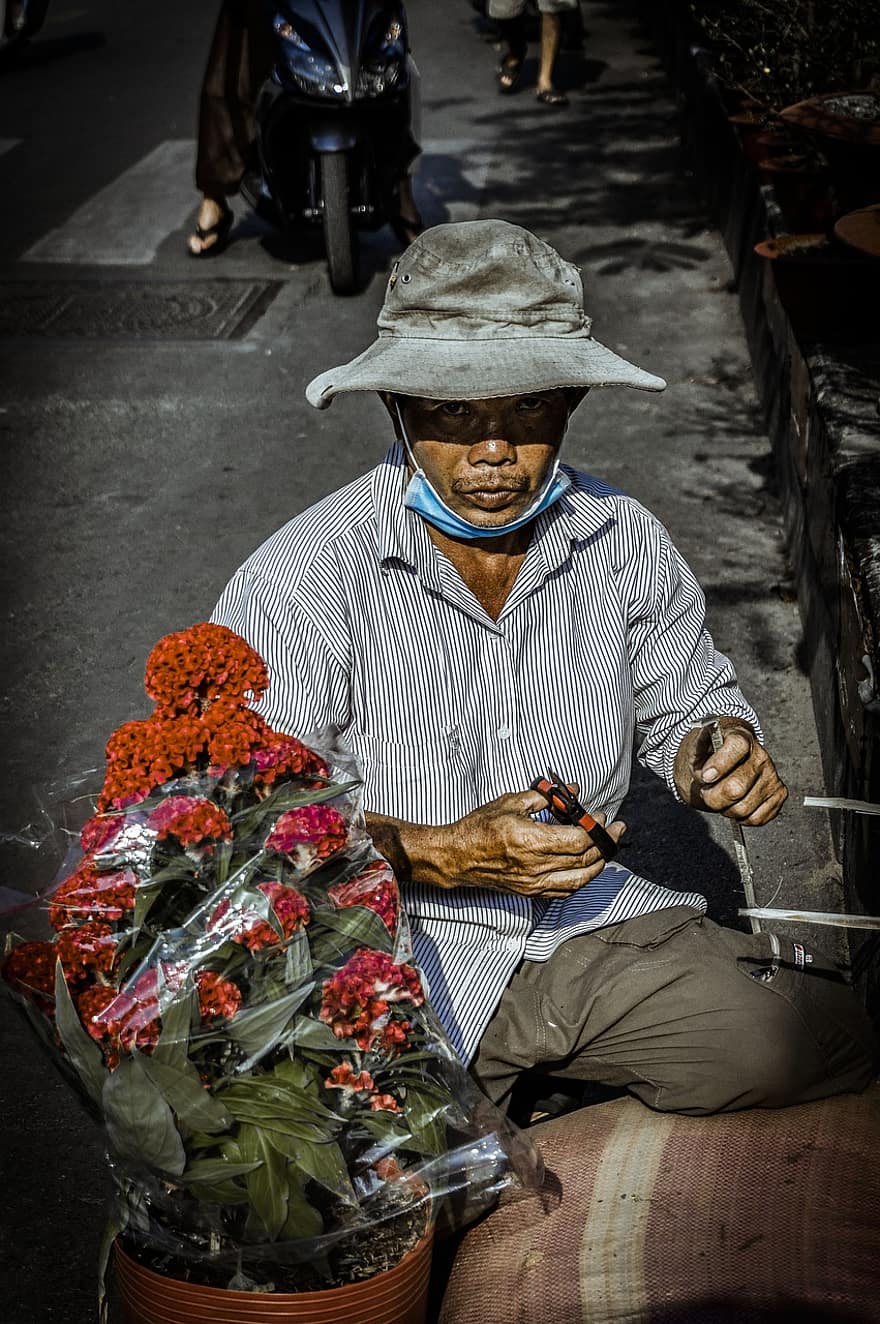 улица, продавач, цветя, растение, уличен живот, градски, на открито, мъж