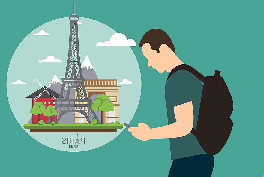 Paris, turista, viajando, através, pessoa, mochila, homem, turismo, viagem, feriado, verão