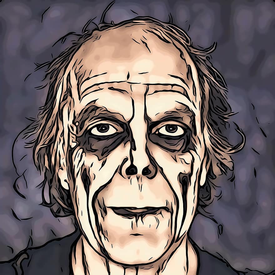 zombie, starý muž, tvář, hrůza, vrásky, nemrtvý, netvor, bledá kůže, předvečer Všech svatých, kreslená pohádka, portrét