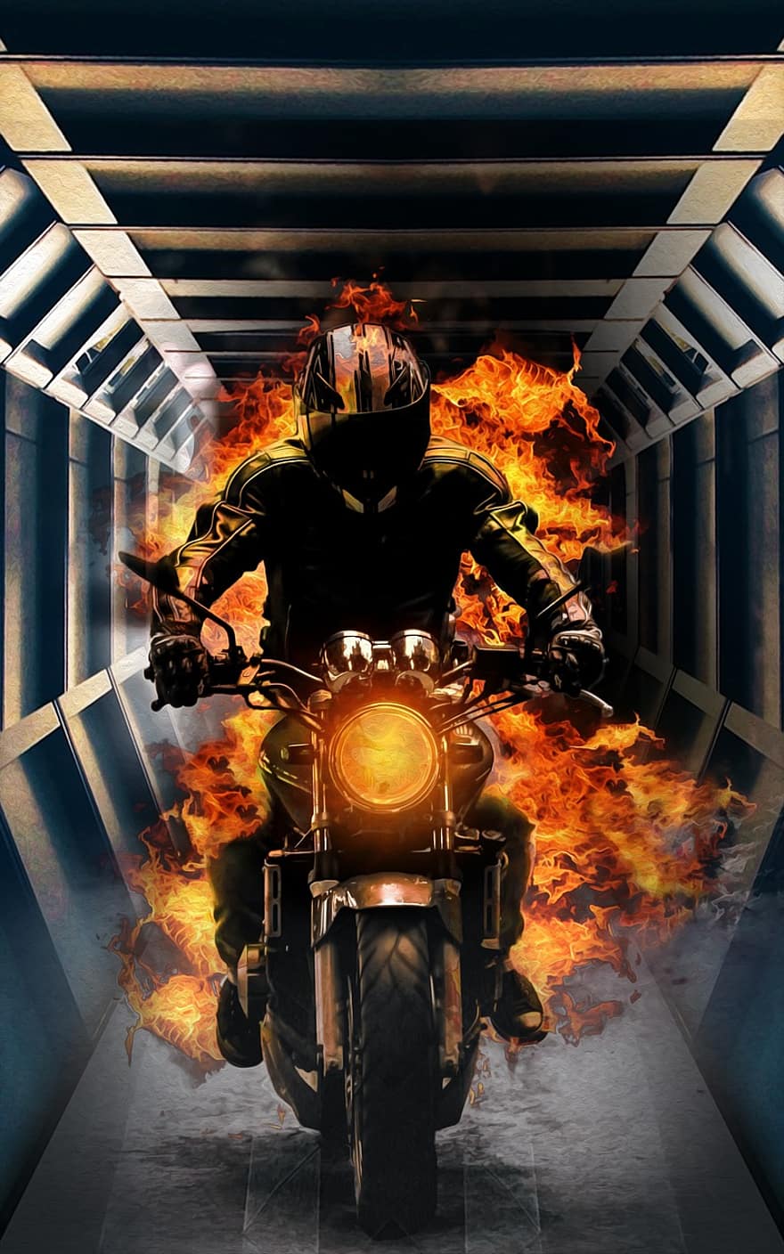 tunnel, motociclista, fuoco, motociclo, fiamma, armageddon, motocicletta, giro, velocità, demone, inferno