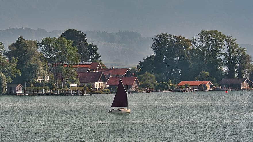 hajó, tó, vitorlás, házak, fák, felső bajorország