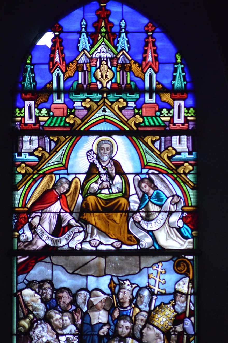 Stained Glass, Window, Church, Man, Holy, Joseph, Lily, Purity, Angels, People, Crowd