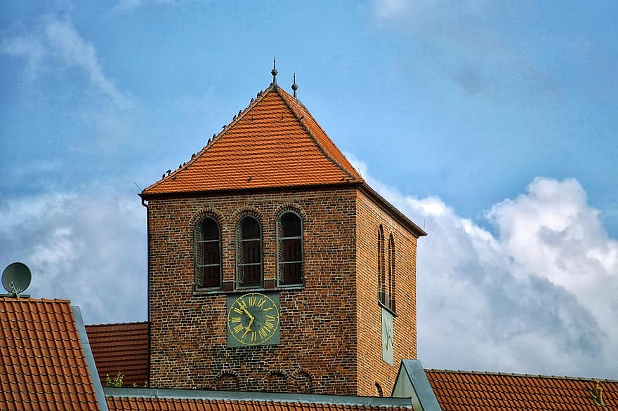 torre, reloj, Müritz, ciudad, Iglesia, arquitectura, edificio viejo, cristianismo, techo, exterior del edificio, religión