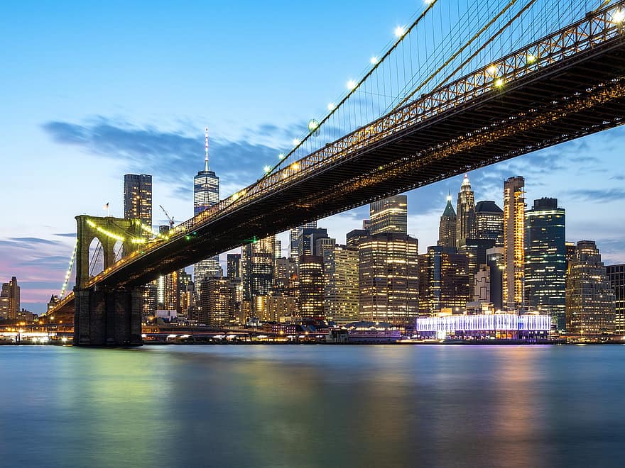 város, Brooklyn híd, idegenforgalom, utazás, folyó, Manhattan, New York, városkép, láthatár, építészet, tornyok