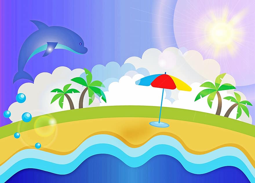 плаж, делфин, вода, палмово дърво, платноходка, облаци, слънчогледи, слънце, океан, вълни, син
