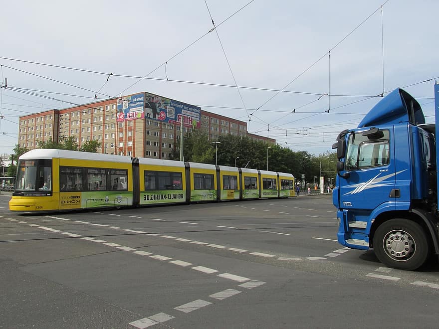 трамвай, Берлин, BVG, капитал, кръстовище, камион, дъга, колело, в центъра, Германия, пътна маркировка