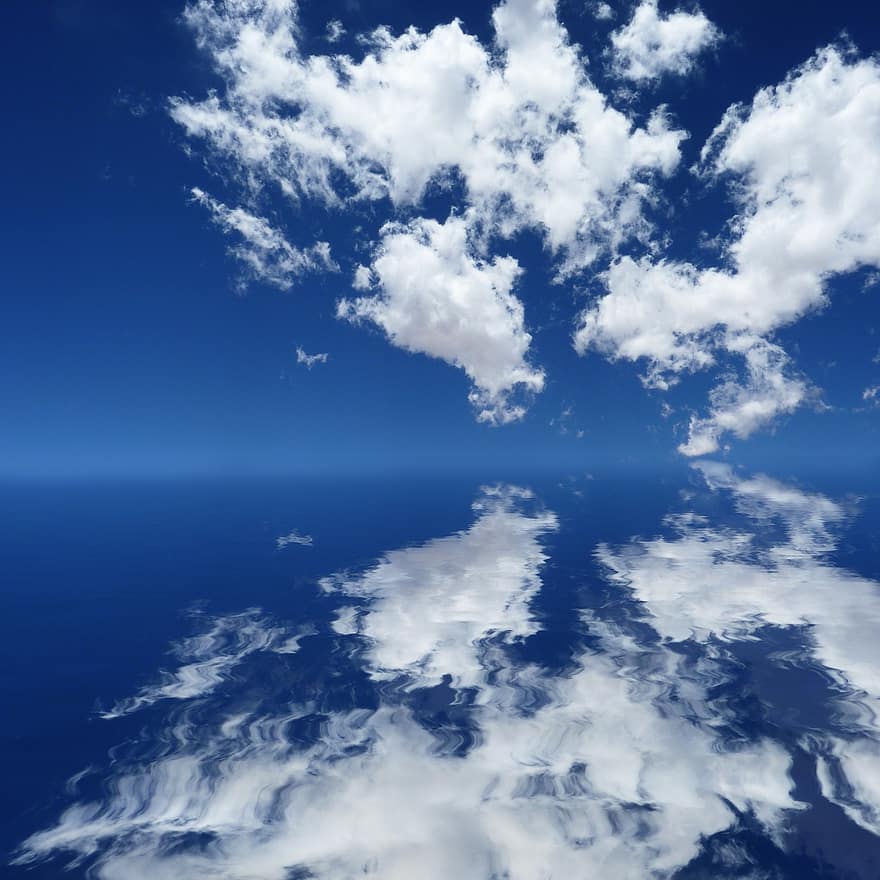 cielo, fondo, reflexión, azul, blanco, fantasía, mar, agua, cielo nublado, nubes, naturaleza