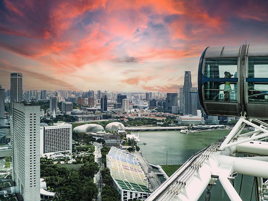 ruota panoramica, Singapore, tramonto, giro di divertimenti, Parco divertimenti, Parco a tema