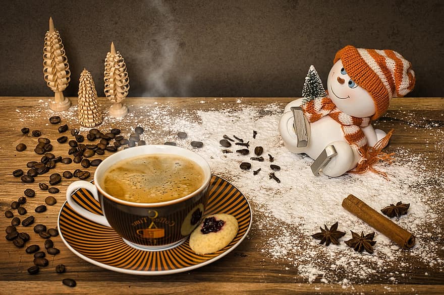 kafija, ziemā, deco, sniegavīrs, kafijas krūzīte, karsts, kafijas pupiņas, kafejnīca, pupiņas