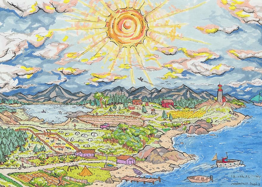 Zeichnung, Insel, Stadt, Dorf, Meer, Ozean, Illustration, Landschaft, Wasserfahrzeug, Wolke, Himmel, Wasser