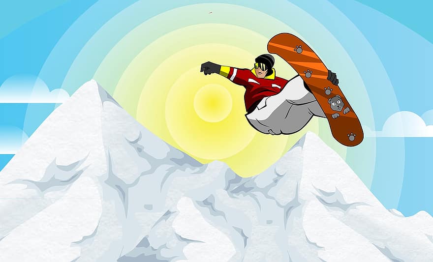 сноубордист, гірський, стрибки, борд, катання на лижах, екстремальний, летить, насолоджуватися, спорт, сніг, зима