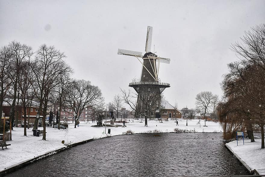 Windmill, Snow, River, Trees, Bare Trees, Winter, Snowy, Wintry, Frost, Frosty, Cold