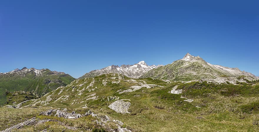 Montañas Grimsel, pase grimsel, Suiza, excursionismo, alpino, cielo azul, Alpes centrales, cambio climático, naturaleza, montañas, montaña