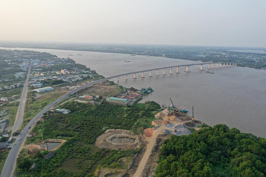 řeka, most, Vietnam, letecký pohled