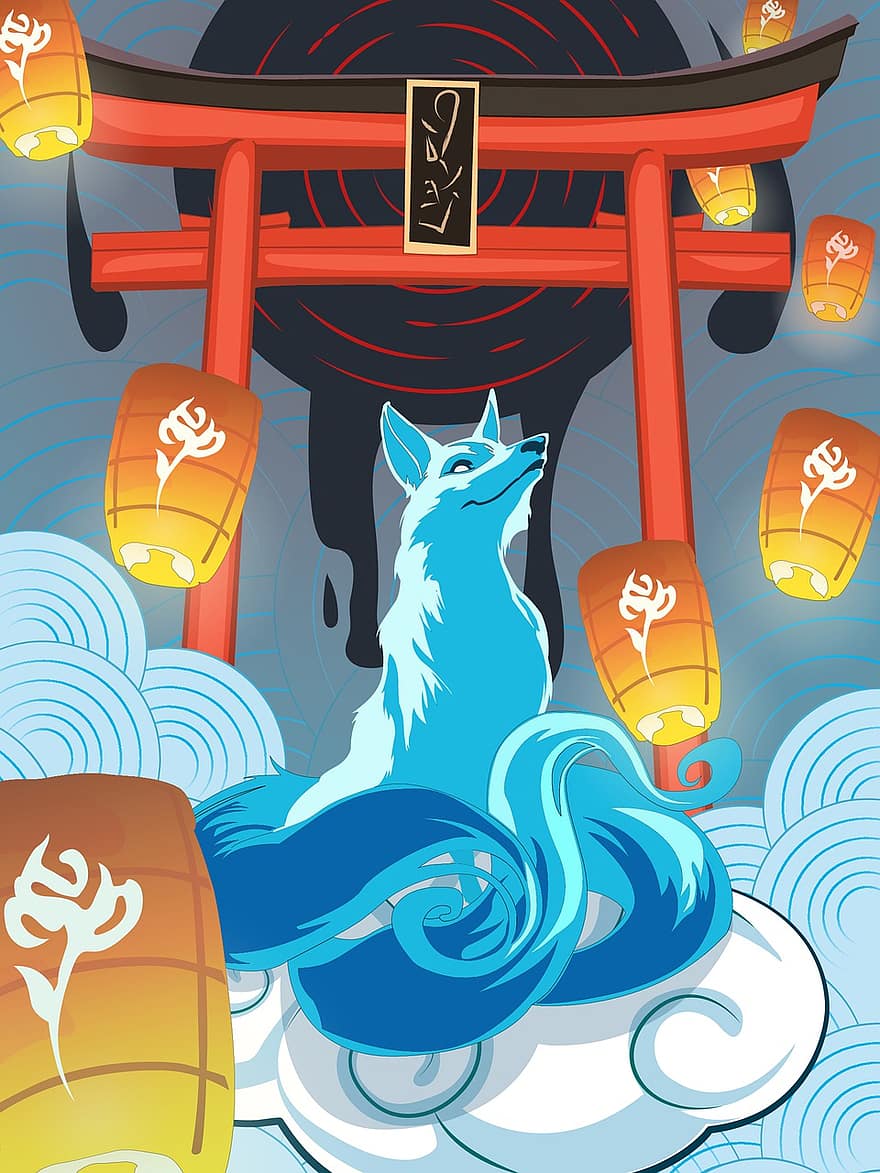 Fox, Torii, Clouds, Fantasy, Lanterns, Floating Lanterns, Animal, Wildlife, Shrine, Temple, Japan